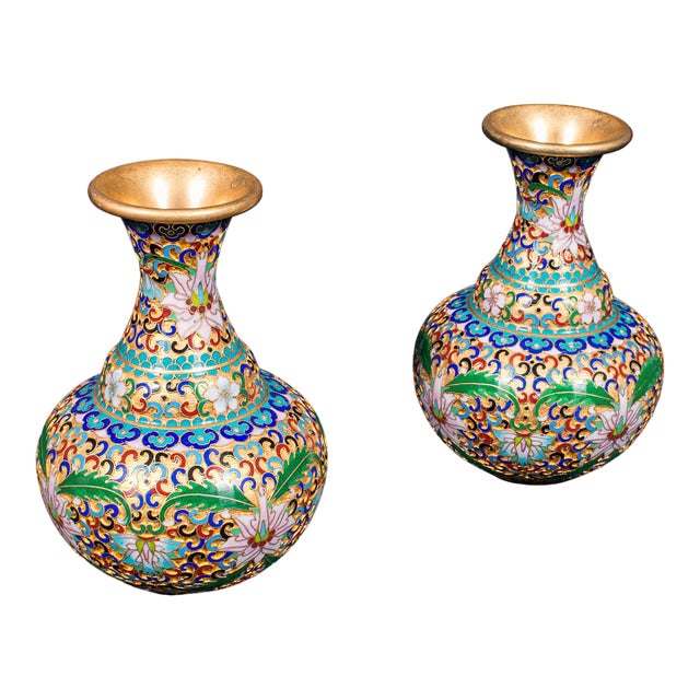 Pair of Small Vintage Baluster Form Vases, Oriental, Cloisonne, Posy Urn, c.1970 For Sale