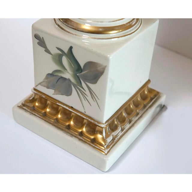 Signed Hand Painted Porcelain Mid 20th Century White, Green and Gilt Lamp For Sale - Image 9 of 13