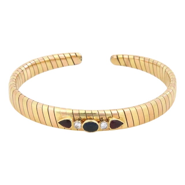 Diamond Ruby Sapphire Bracelet 18k Rose Yellow Gold Tubogas Flex Cuff For Sale