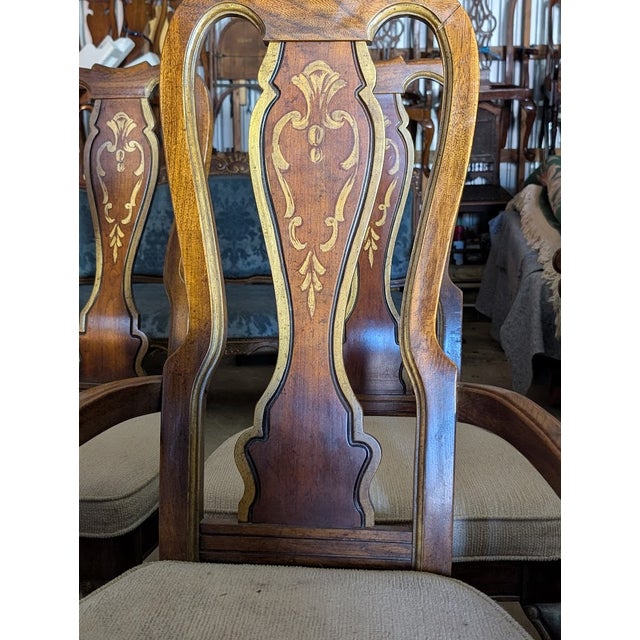 Gold Set of 6 Vintage Gilt-Inlaid Dining Chairs 2 Armchair + 4 Side Chairs With Gold Scrollwork, Cabriole Legs & French Provincial Sty For Sale - Image 8 of 16