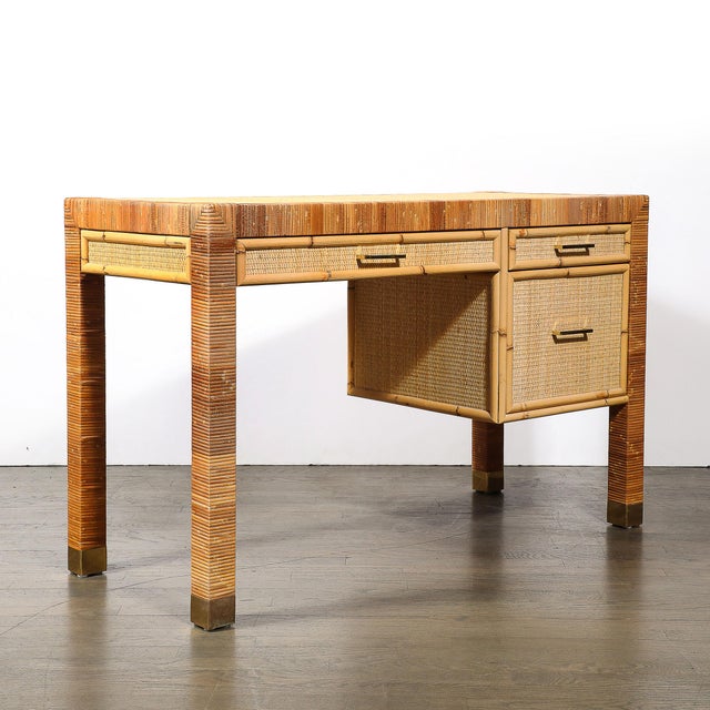 Mid-Century Modern Mid-Century Modernist Rattan & Bamboo Wrapped Desk Signed Bielecky Brothers For Sale - Image 3 of 12