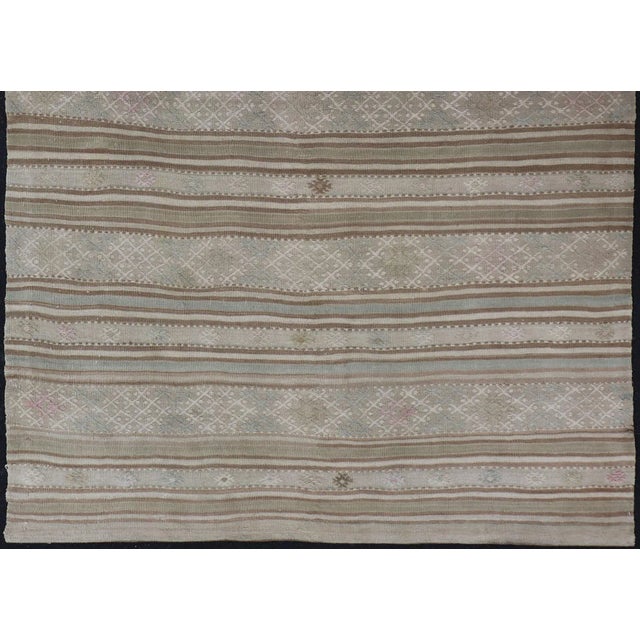 Traditional Vintage Turkish Kilim Rug in Soft Taupe, Beige, and Pale Blue Striped Design For Sale - Image 3 of 12