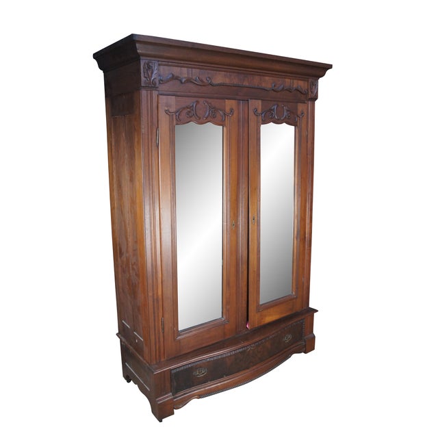 Victorian Antique Victorian Walnut Mirrored Clothing Armoire Wardrobe Closet Cabinet 87" For Sale - Image 3 of 17