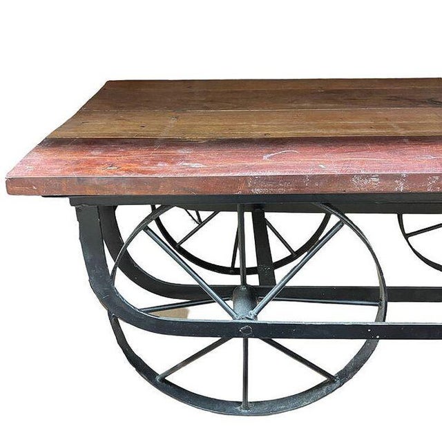 1990s Industrial Iron & Wood Railroad Style Rolling Trolly Cart Coffee Table For Sale In Los Angeles - Image 6 of 7