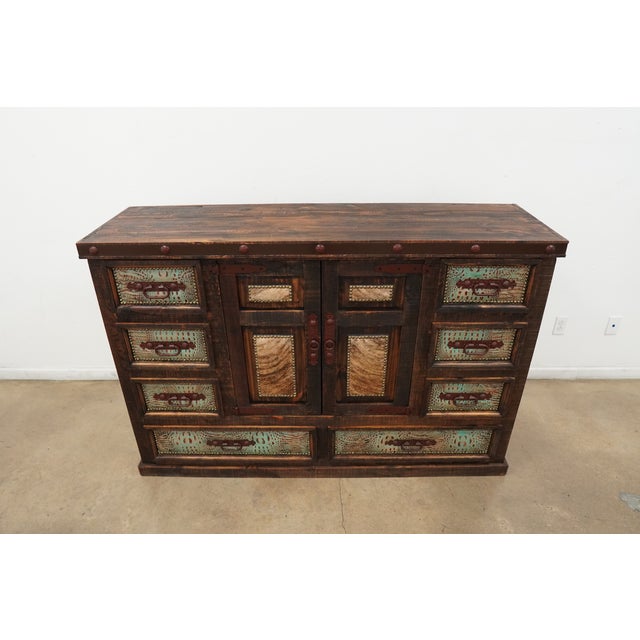 Rustic Western Tooled Leather & Cowhide Multi-Drawer Dresser Cabinet For Sale - Image 3 of 15