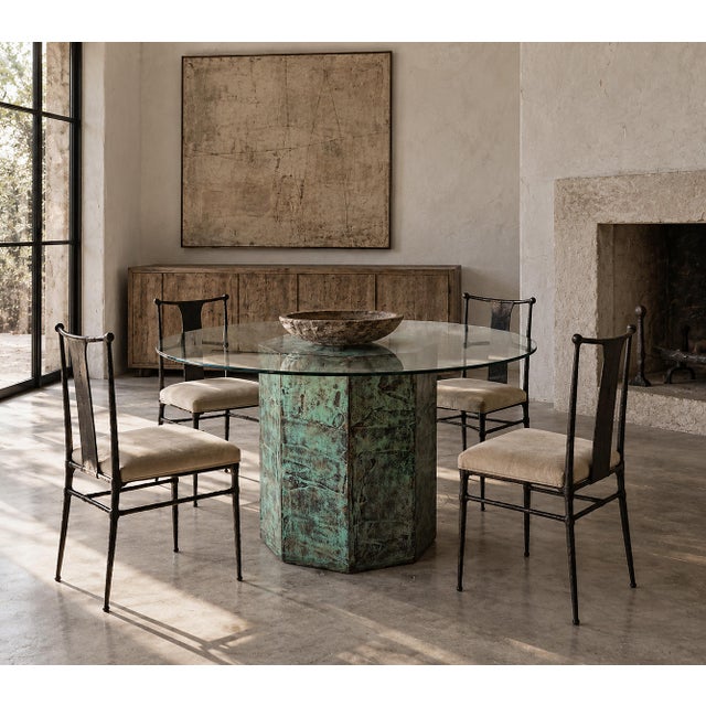 Unique octagonal pedestal, plaster over wood, faux finished to look like verdigris copper. Can be used as a table base or...