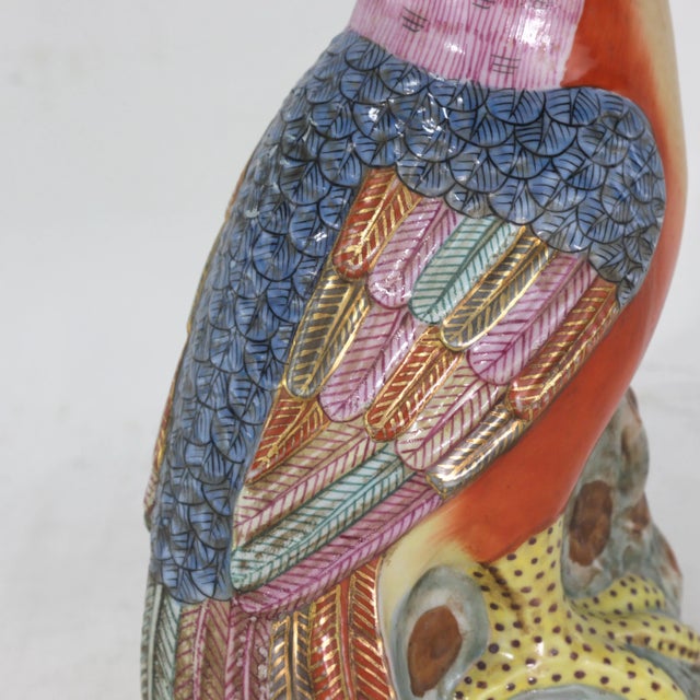 Mid 20th Century Vintage Colorful Chinese Porcelain Bird Figures Statues on Rocky Base For Sale - Image 5 of 9
