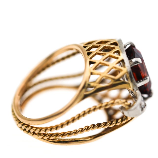 1960s 4.65 Carat Spessartine Garnet Diamond Lattice Wide Band 18k Two Tone Gold Ring, Size 4.5 For Sale In Miami - Image 6 of 11