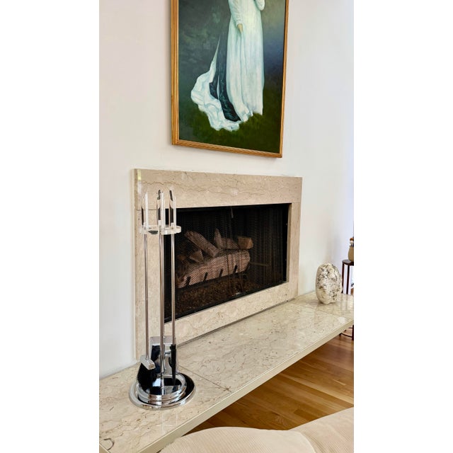 We are very pleased to offer this striking vintage modernist fireplace tool set, circa 1970s, featuring a sophisticated...