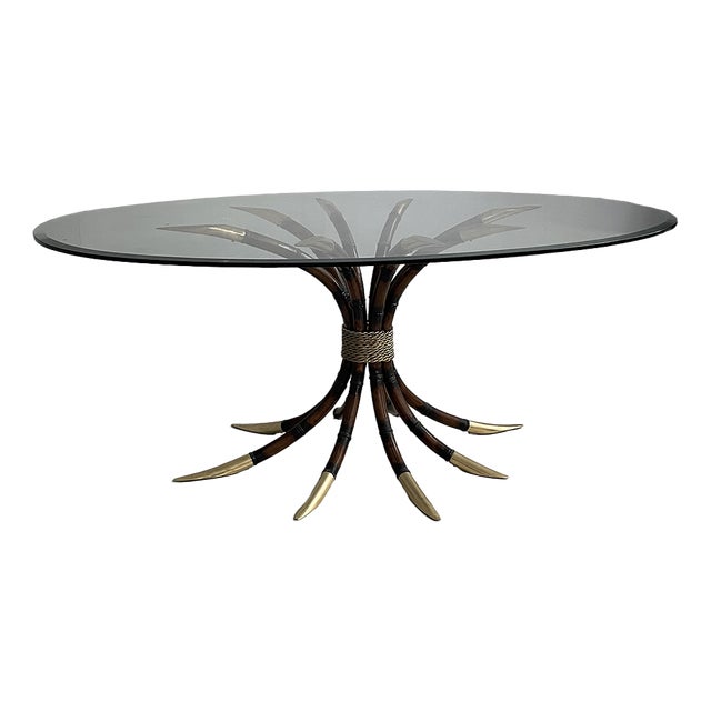 Italian Modern Oval Table in Bamboo, Brass and Glass, 1980s For Sale