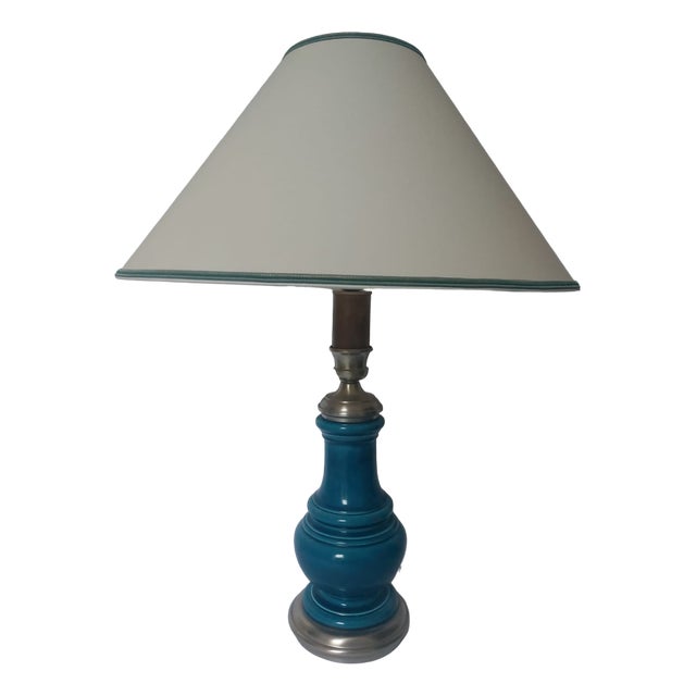 Mid-Century Blue Ceramic Wooden Table Lamp, 1960s For Sale