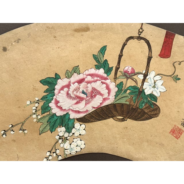 Pair Framed Antique Chinese Painted Paper Fans in Custom 23 Karat Water Gilt Frames For Sale - Image 4 of 12