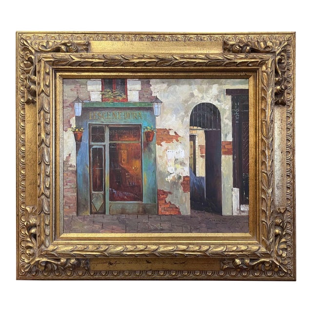 Vintage French Oil on Canvas Parisian Shop Painting in Gilt Frame Signed Simon For Sale