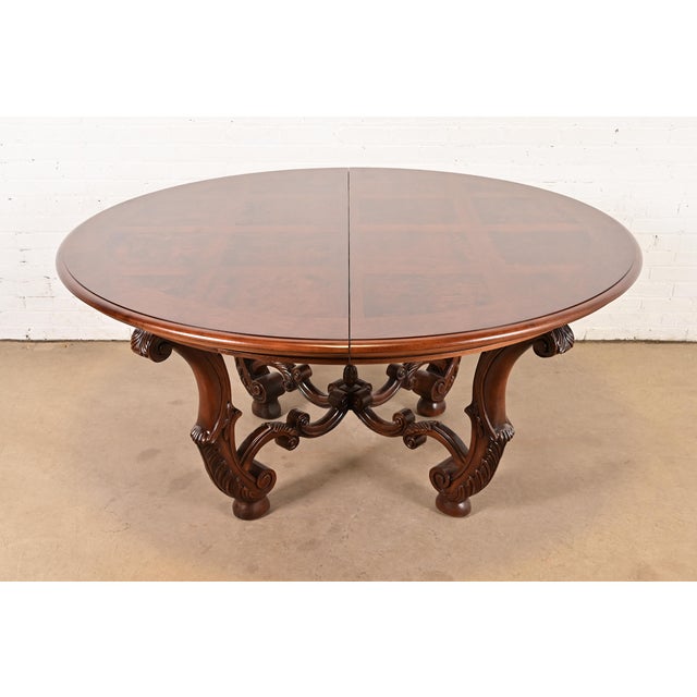 Wood Henredon Italian Provincial Carved Walnut and Burl Wood Pedestal Extension Dining Table, Newly Refinished For Sale - Image 7 of 14