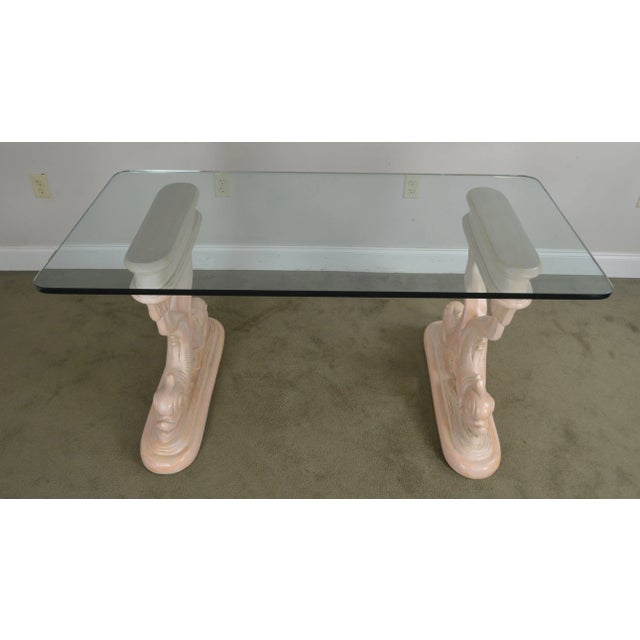 Glass Hollywood Regency Style Vintage Carved Dolphin Base Glass Top Writing Desk For Sale - Image 7 of 12