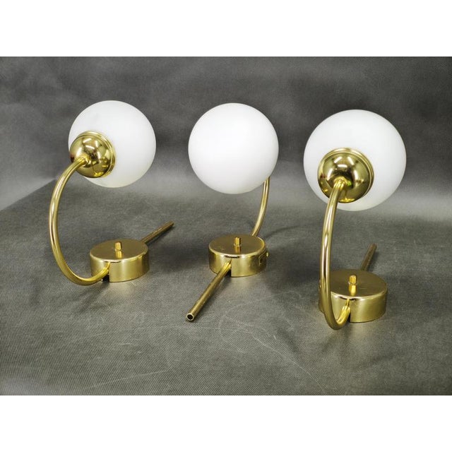 Vintage Brass and Opaline Glass Wall Lights by Kamenický Šenov, 1970s, Set of 3 For Sale - Image 3 of 12