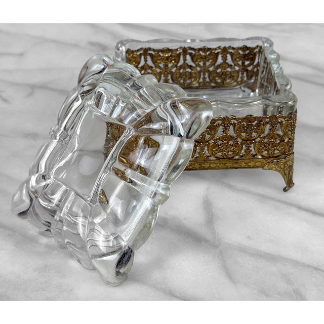 Vintage Rococo Gold Filigree & Scalloped Glass Vanity Trinket Box For Sale - Image 6 of 10