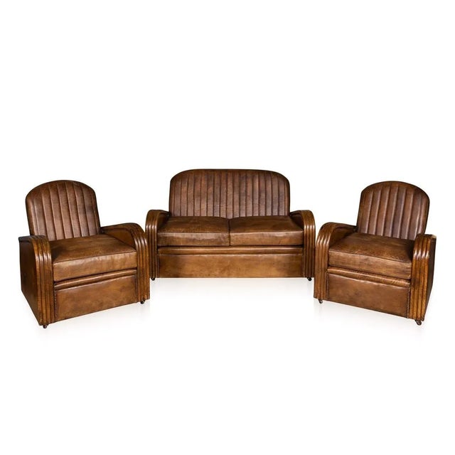 Art Deco Leather Tub Chairs & Sofa, 1920s, Set of 3 For Sale - Image 13 of 13