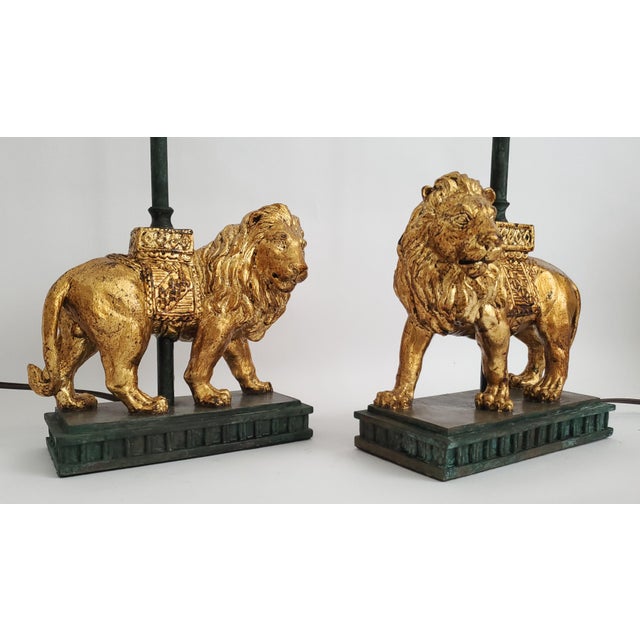 Gold Lamps Gold Leaf Lions & Shades Pair For Sale - Image 8 of 12