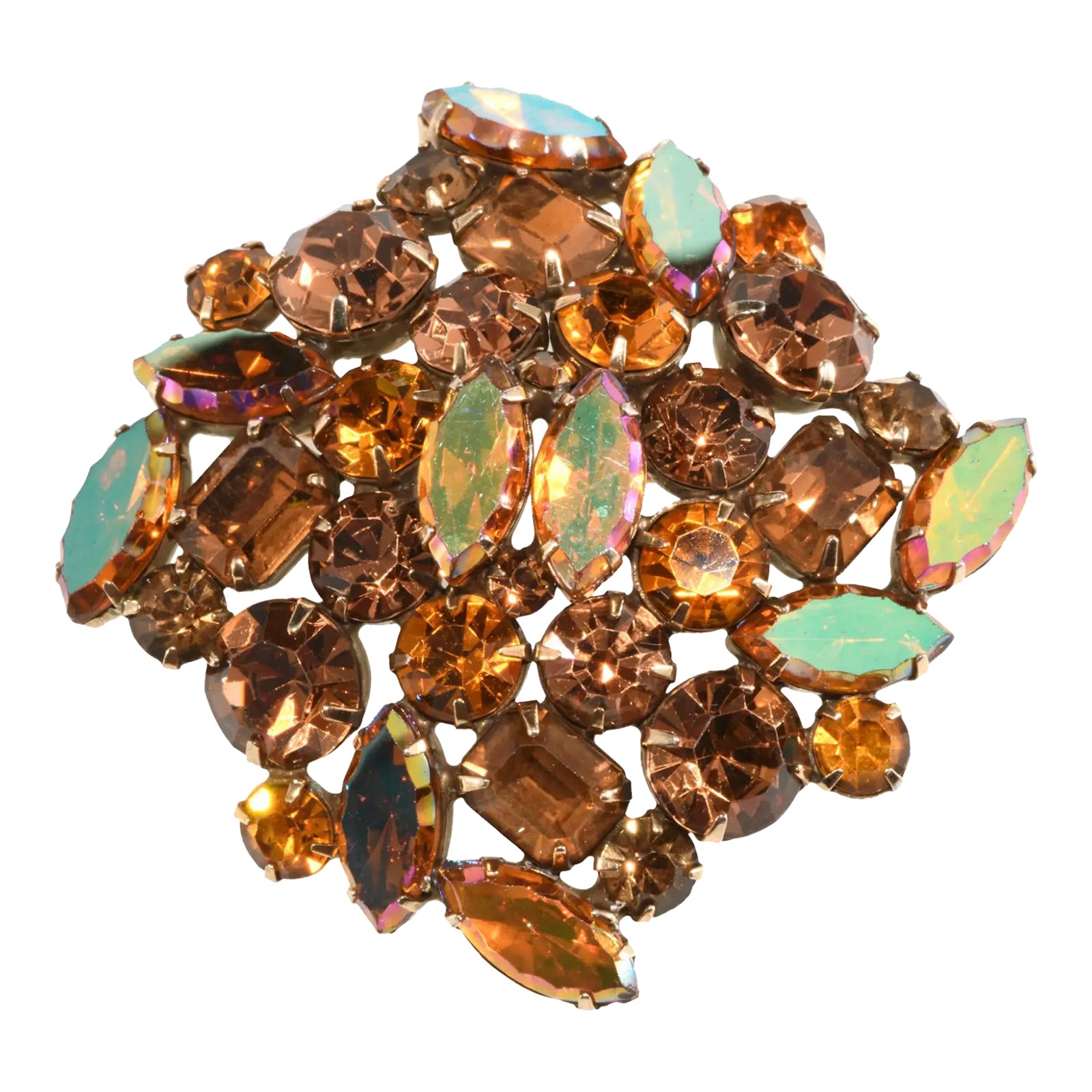 1960s Vintage Amber Rhinestones Iridescent Brooch | Chairish