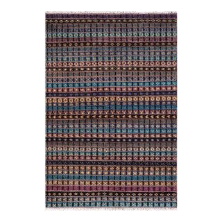 Boho Chic Black/Aqua High Low Wool Rug - 4'6'' X 7'0'' For Sale