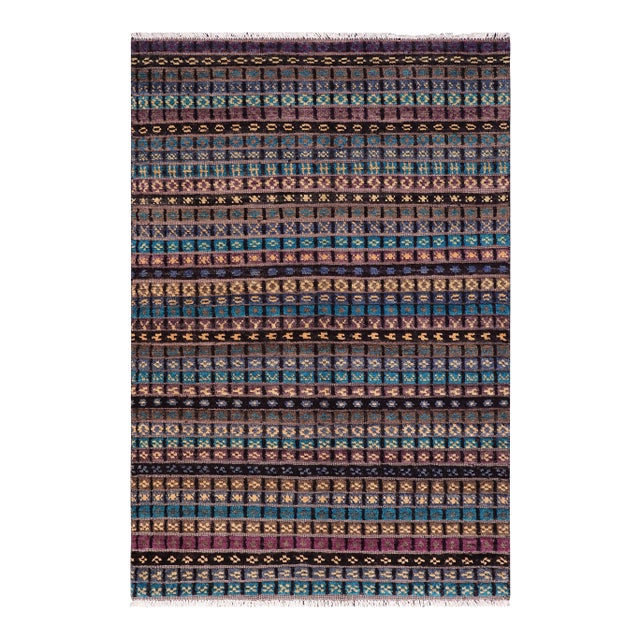 Boho Chic Black/Aqua High Low Wool Rug - 4'6'' X 7'0'' For Sale