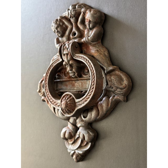 Vintage Cast Iron Door Knocker Ft. Cherub Motif 6.5" X 9" Heavy-Duty For Sale - Image 4 of 9