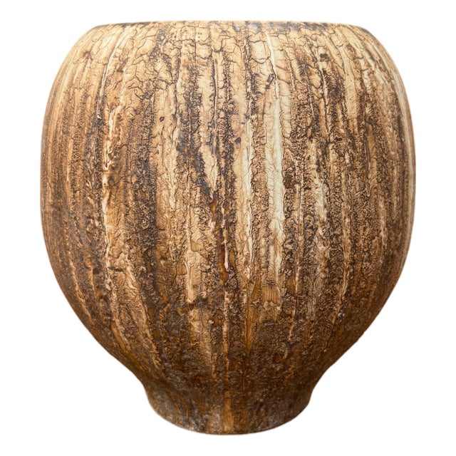 Wide RoundedTextured Two-Tone Cafe Mocha Brown Ceramic Vase For Sale
