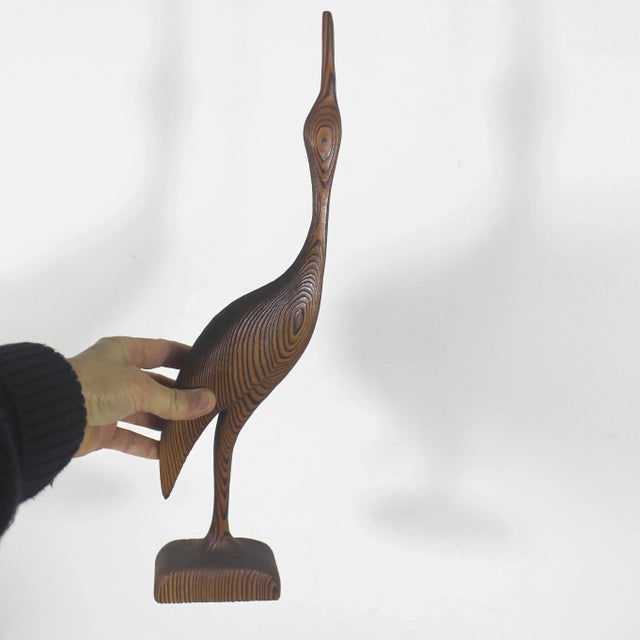 16” Mid Century Modern Wood Crane Vintage Carved Bird Figurine, Tall Handmade Wooden Sculpture MCM Heron Egret Witco Style For Sale - Image 11 of 12