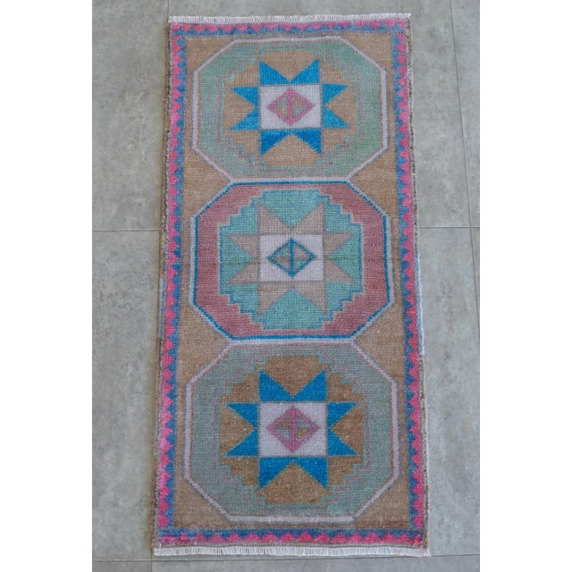Shabby Chic Hand Knotted Turkish Rug. Low Pile Small Rug Colorful Mat Bath Rug Kitchen Decor - 1′4″ × 2′10″ For Sale - Image 3 of 6