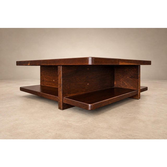 Brazilian Modern Imbuia Coffee Table with Central Flower Vase Opening and Open Display Shelves, Casa Finland, Brazil, 1960s - lot 1129 For Sale - Image 14 of 18