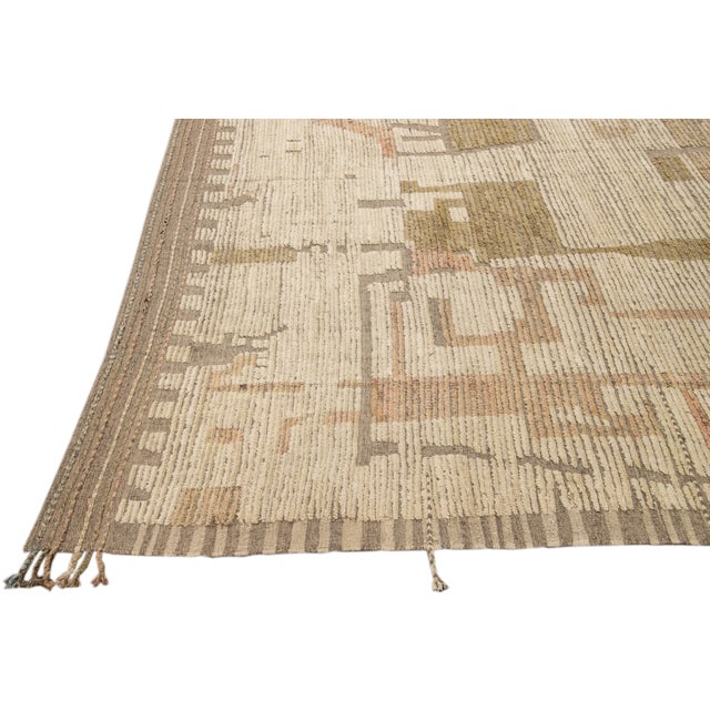 Modern Boho Chic Moroccan Style Handmade Abstract Beige Square Wool Rug For Sale - Image 4 of 10