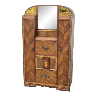 1930s Art Deco Waterfall Double Chifferobe Armoire W/ Secretary Desk For Sale
