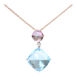 18K White and Rose Gold Round Diamond Accent and Round Rose De France Pink Amethyst and Cushion Cut Sky Blue Topaz Dangle Drop 18" Pendant Necklace For Sale