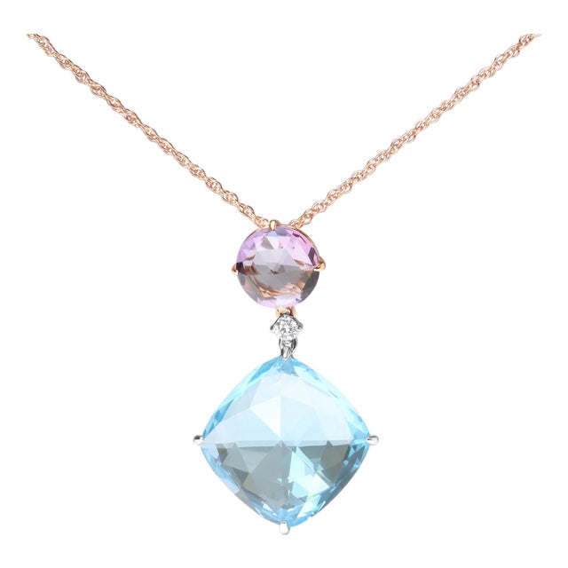 18K White and Rose Gold Round Diamond Accent and Round Rose De France Pink Amethyst and Cushion Cut Sky Blue Topaz Dangle Drop 18" Pendant Necklace For Sale