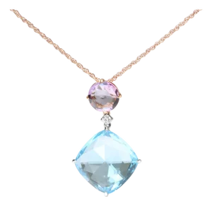 18K White and Rose Gold Round Diamond Accent and Round Rose De France Pink Amethyst and Cushion Cut Sky Blue Topaz Dangle Drop 18" Pendant Necklace