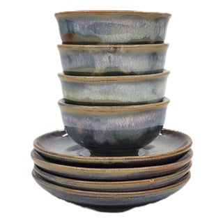 Hand-Painted Vietnamese Ceramic Tea Set for 4 With Dual-Glaze Finish For Sale