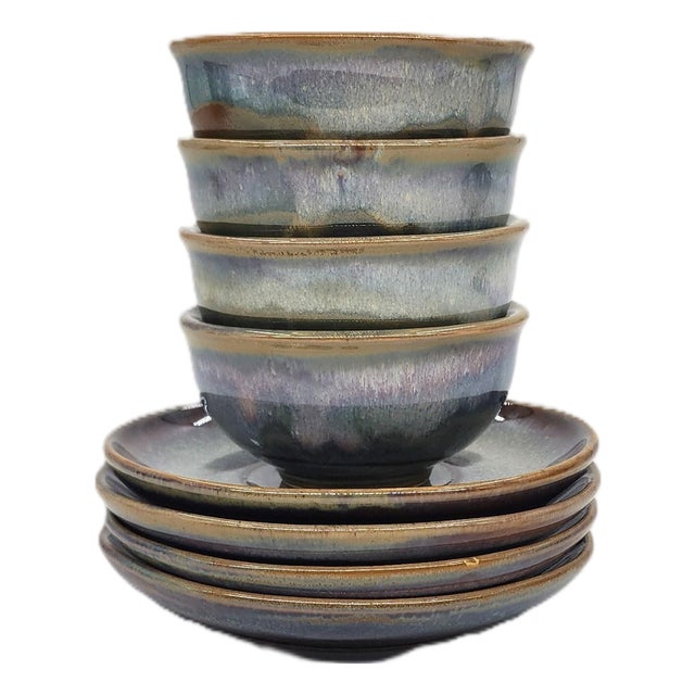 Hand-Painted Vietnamese Ceramic Tea Set for 4 With Dual-Glaze Finish For Sale