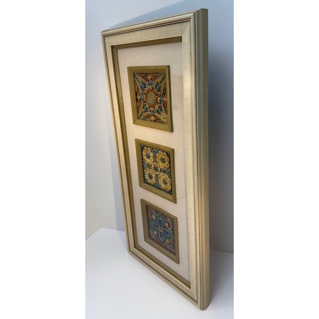French Set of Three Colorful Antique French Majolica Tiles Framed Together For Sale - Image 3 of 12