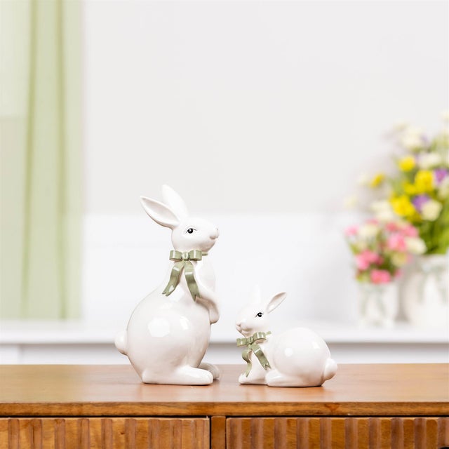 2020s Rabbit Figurine with Bow (Set of 2) For Sale - Image 5 of 6