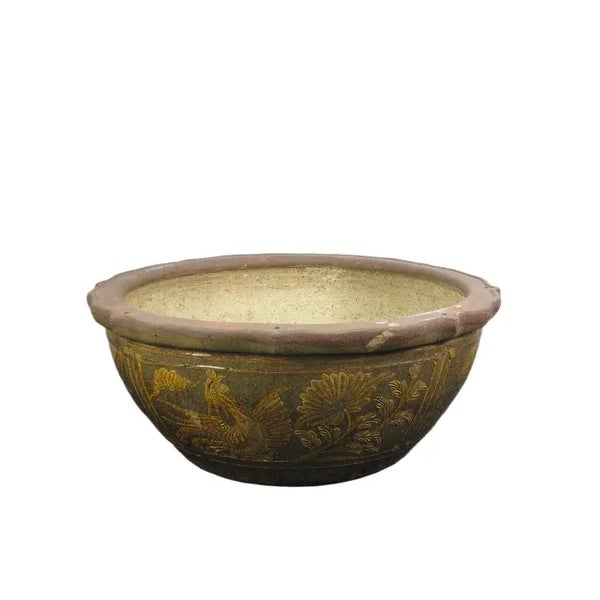 Chinese Large Glazed Earthenware Planter With Hand Painted Mystic Birds and Plants For Sale - Image 3 of 10