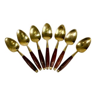 1950s Vintage Hollywood Regency Chinoiserie Appetizer-Dessert Brass & Rosewood Spoons - Set of 7 For Sale