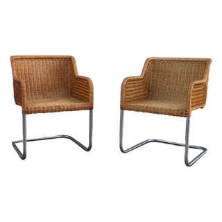 Pair of Vintage Harvey Probber Model D43 Wicker Cantilever Armchairs, 1970s For Sale