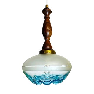 Mid-Century Modern Agua Blue Art Glass Pendant Light in Teak, 1960s For Sale