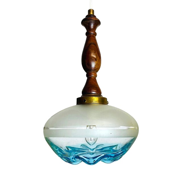 Mid-Century Modern Agua Blue Art Glass Pendant Light in Teak, 1960s For Sale