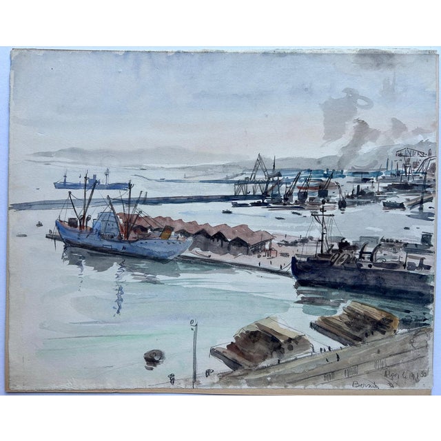 Jean-Eugène Bersier, The Port of Algiers, Watercolor on Mimeographed Paper For Sale
