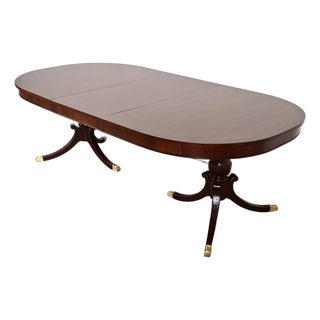 Baker Furniture Style Georgian Banded Mahogany Double Pedestal Extension Dining Table, Newly Refinished For Sale