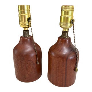 Vintage Mid Century Modern Petite Turned Walnut Table Lamps - a Pair For Sale
