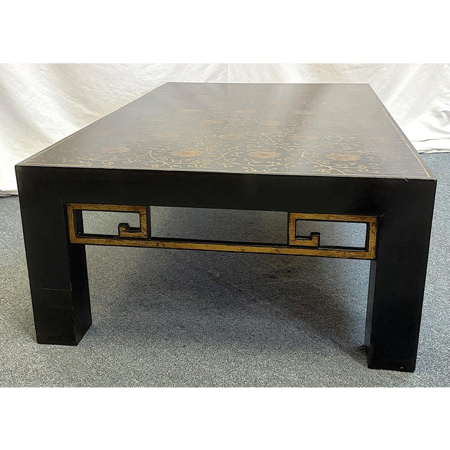 Black Vintage Chinoiserie Style Black Lacquer Coffee Table With Gold Floral Designs For Sale - Image 8 of 18