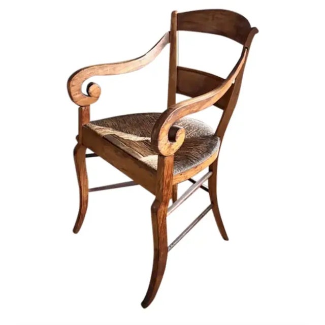 French Scroll Armchair With Rush Seat and Saber Legs For Sale - Image 4 of 11